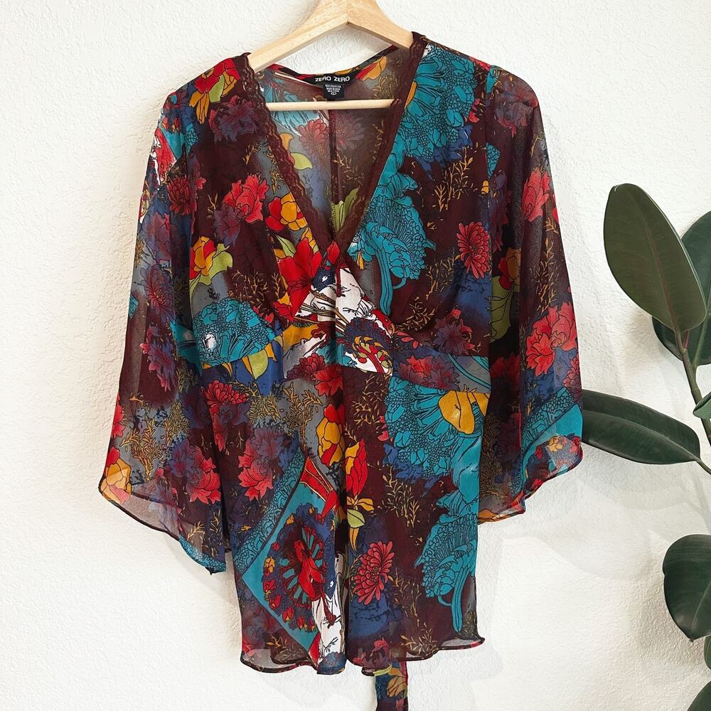 Zero Zero Y2K Sheer Babydoll Kimono Top Large Floral Whimsygoth Fairy Grunge